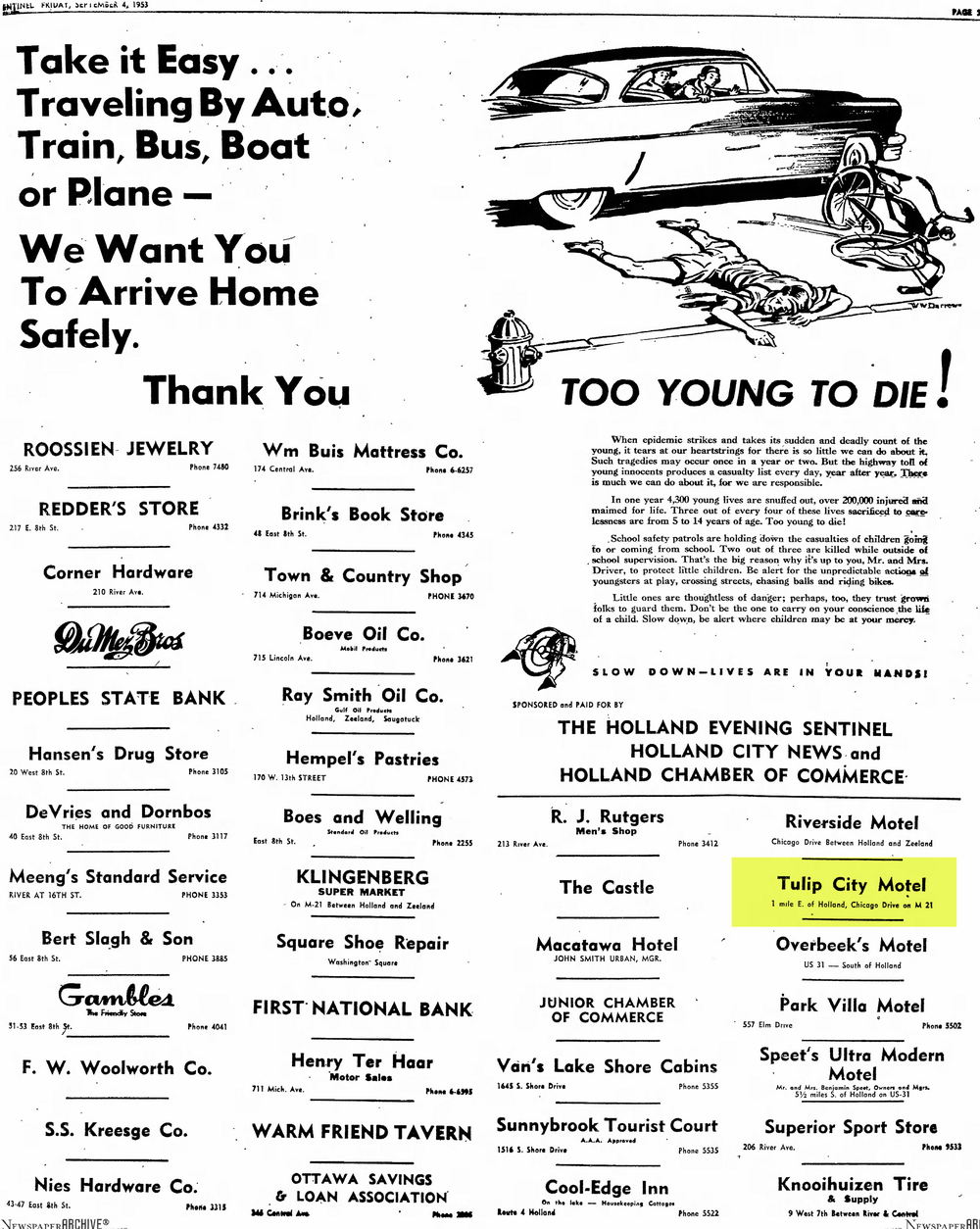 Tulip City Motel - Sept 1953 Full Page Ad Holland Evening Sentinel (newer photo)